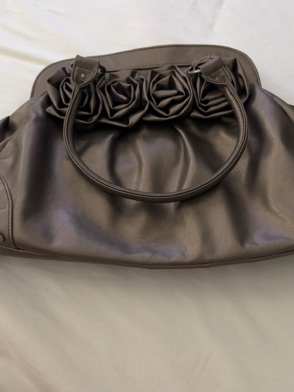 Women's Grey Leather Tote Bag with Rosette Detail